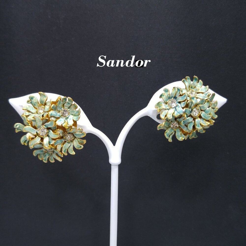 Vintage 1950s Sandor Enamel Flower Earrings Aqua Gold Rhinestone Clip On Jewelry